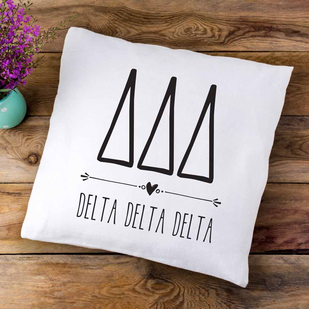 Delta Delta Delta sorority letters and name in boho style design custom printed on white or natural cotton throw pillow cover.