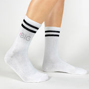The perfect sorority gift for your big are these custom printed socks with Greek letters and Big digitally printed on black striped white cotton crew socks.
