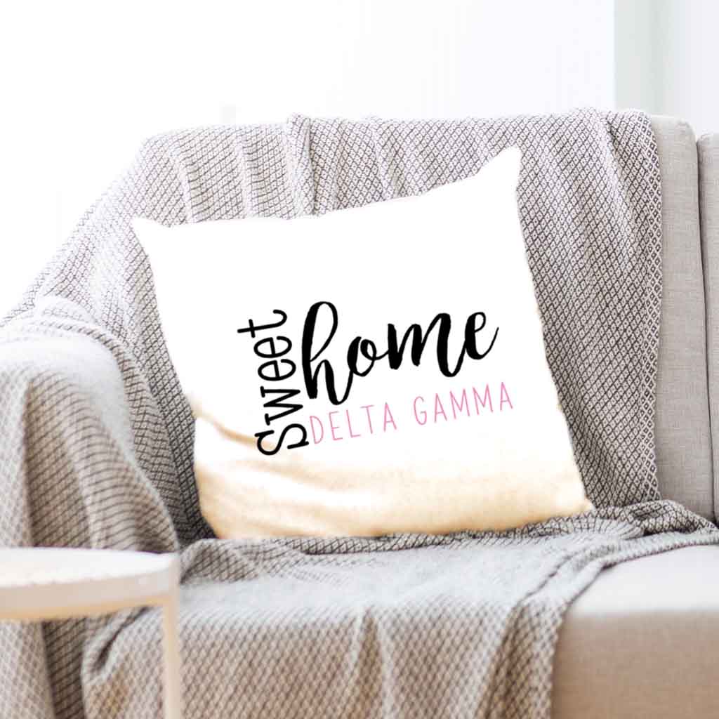 DG sorority name with stylish sweet home design custom printed on white or natural cotton throw pillow cover.