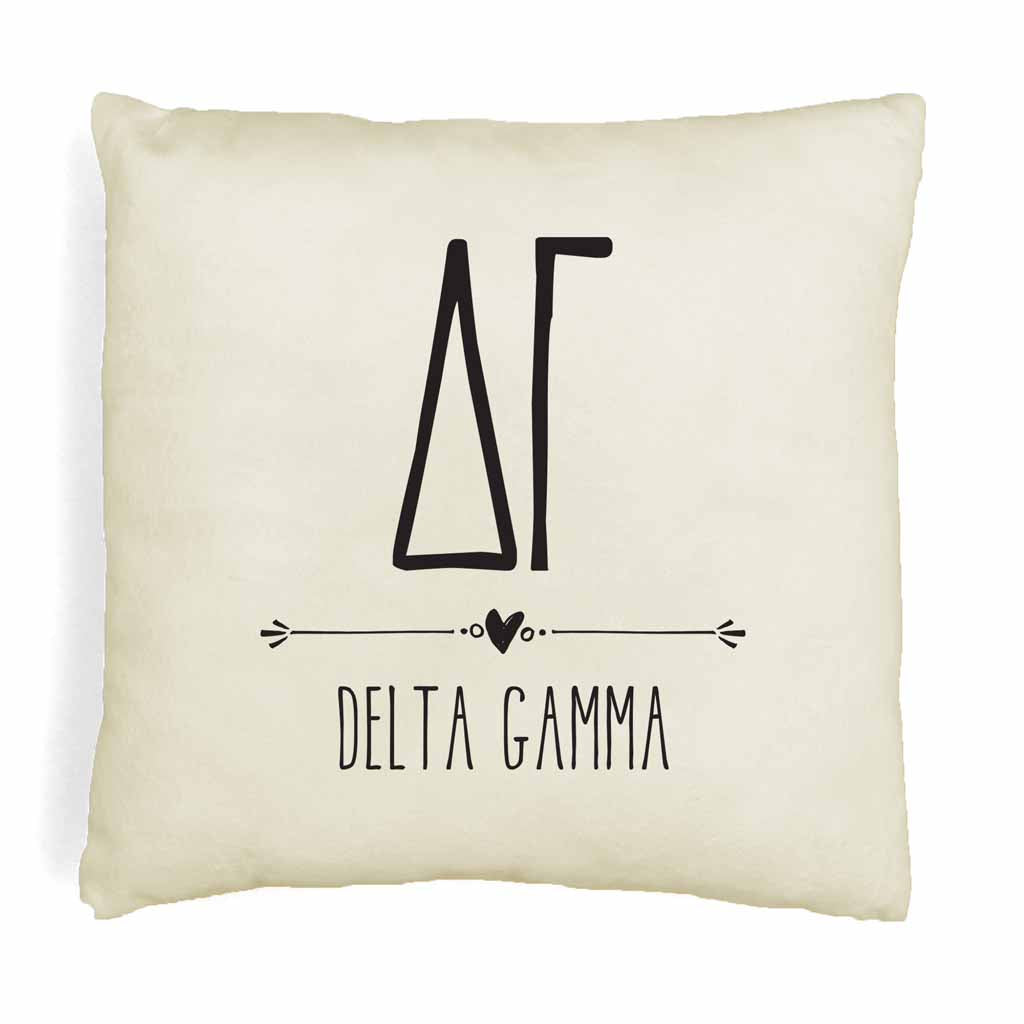 Delta Gamma sorority letters and name in boho style design custom printed on white or natural cotton throw pillow cover.