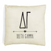 Delta Gamma sorority letters and name in boho style design custom printed on white or natural cotton throw pillow cover.