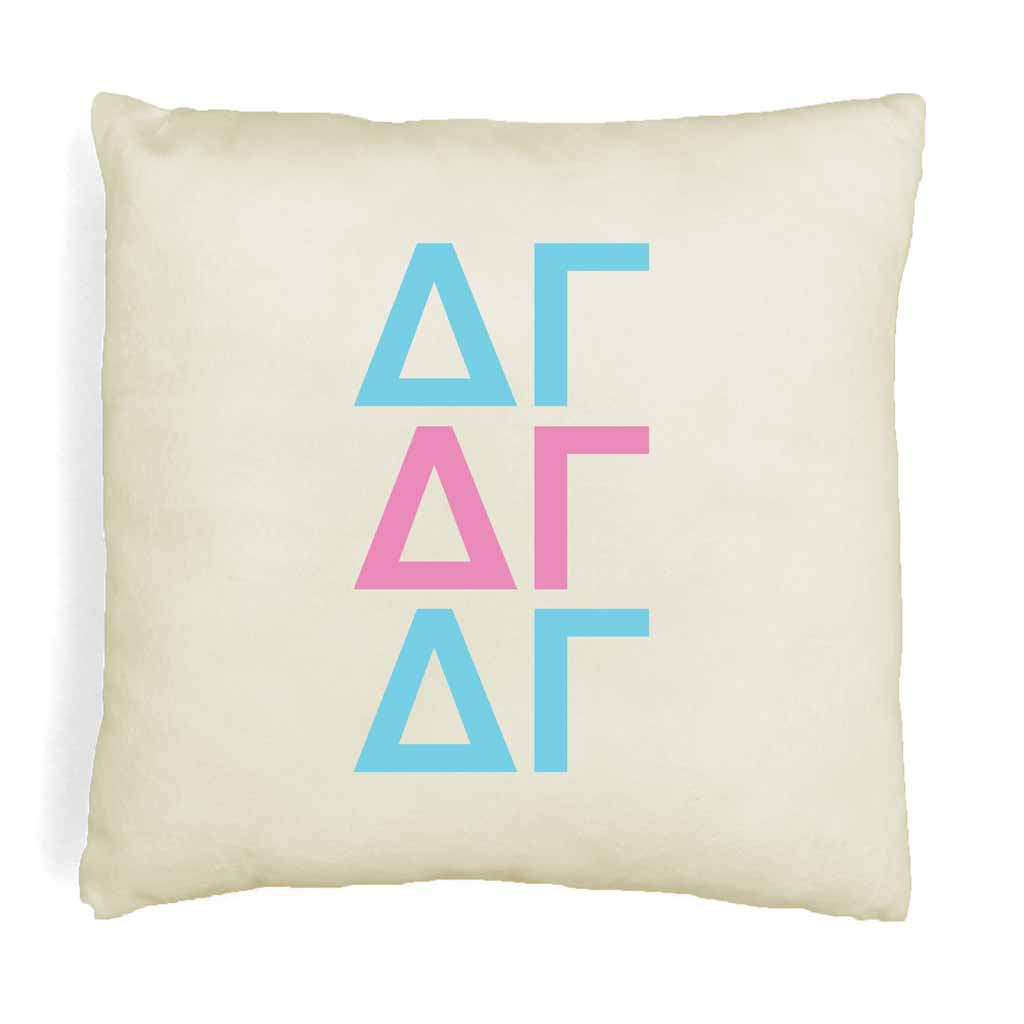DG sorority letters in sorority colors printed on throw pillow cover is a stylish gift.