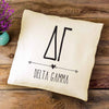 DG sorority letters and name in boho style design custom printed on white or natural cotton throw pillow cover.