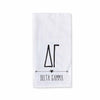 Delta Delta Delta sorority name and letters custom printed with boho style design on white cotton kitchen towel.