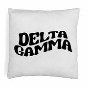 Delta Gamma sorority name in mod style design digitally printed on throw pillow cover.
