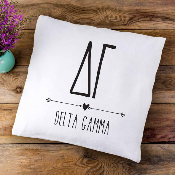 Delta Gamma sorority letters and name in boho style design custom printed on white or natural cotton throw pillow cover.