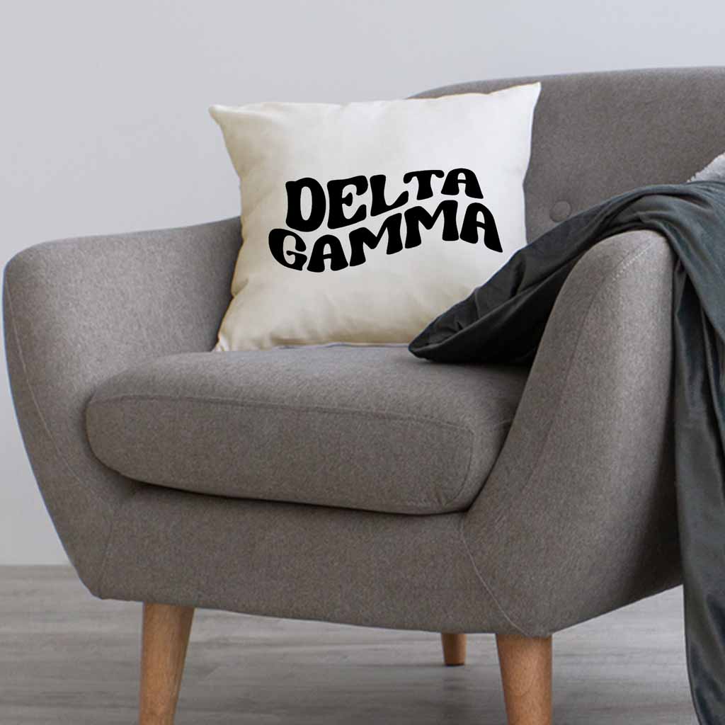 DG sorority name in mod style design custom printed on white or natural cotton throw pillow cover.