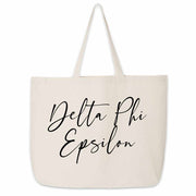 Delta Phi Epsilon roomy canvas tote bag custom printed with sorority nickname makes a great college carry all.
