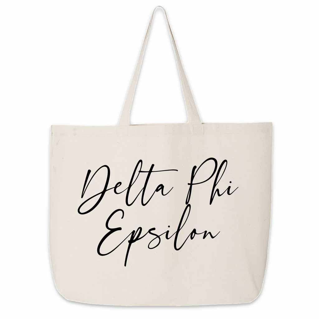 Delta Phi Epsilon roomy canvas tote bag custom printed with sorority nickname makes a great college carry all.