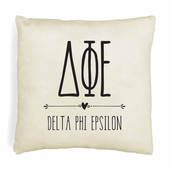 Delta Phi Epsilon sorority letters and name in boho style design custom printed on white or natural cotton throw pillow cover.