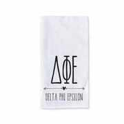 Delta Phi Epsilon sorority name and letters digitally printed on cotton dishtowel with boho style design.