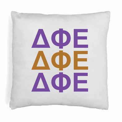 Delta Phi Epsilon sorority letters digitally printed in sorority colors on throw pillow cover.