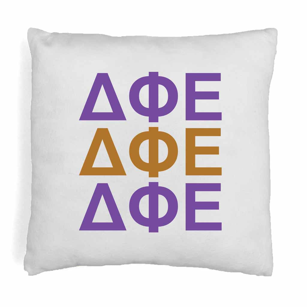 Delta Phi Epsilon sorority colors X3 digitally printed in sorority colors on white or natural cotton throw pillow cover.