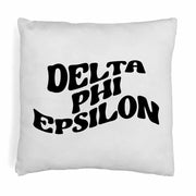 Delta Phi Epsilon sorority name in mod style design digitally printed on throw pillow cover.