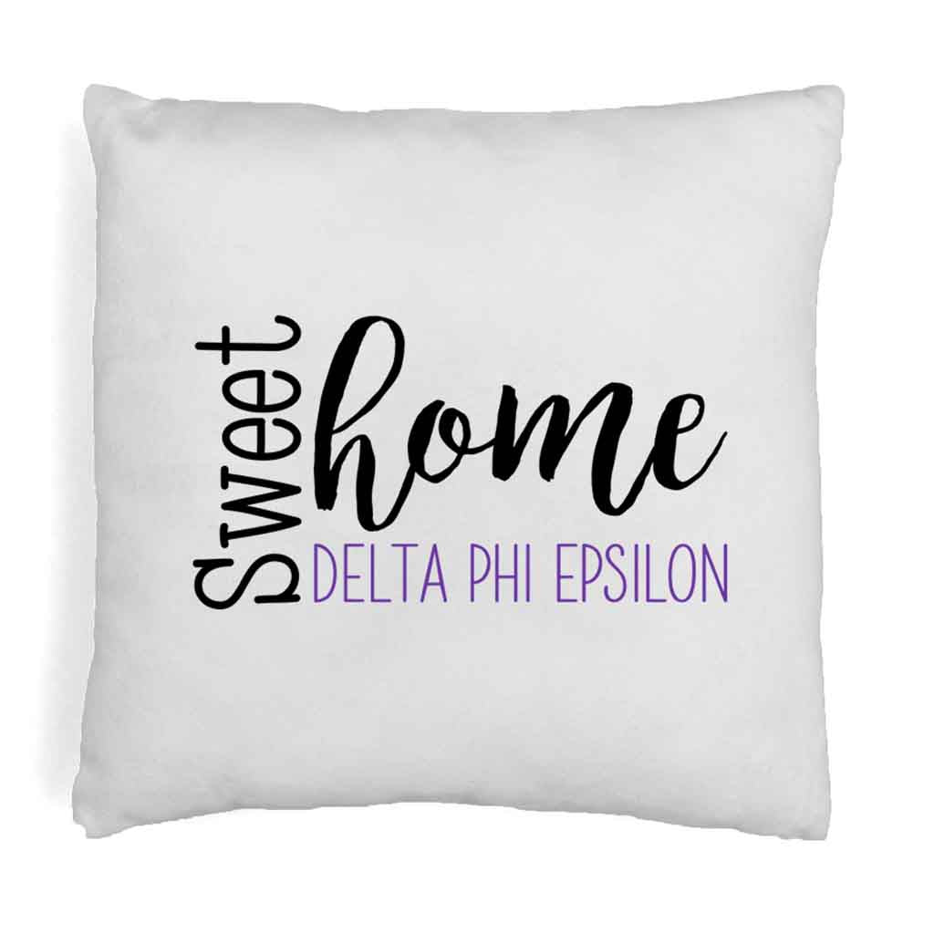 Delta Phi Epsilon sorority name in sweet home design digitally printed on throw pillow cover.