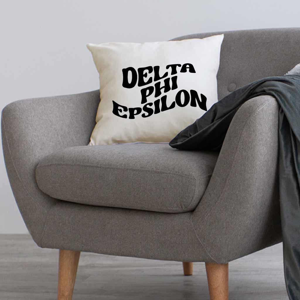 DPE sorority name in mod style design custom printed on white or natural cotton throw pillow cover.