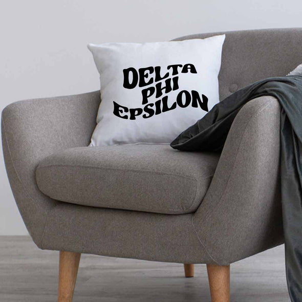 DPE sorority name in mod style design custom printed on white or natural cotton throw pillow cover.