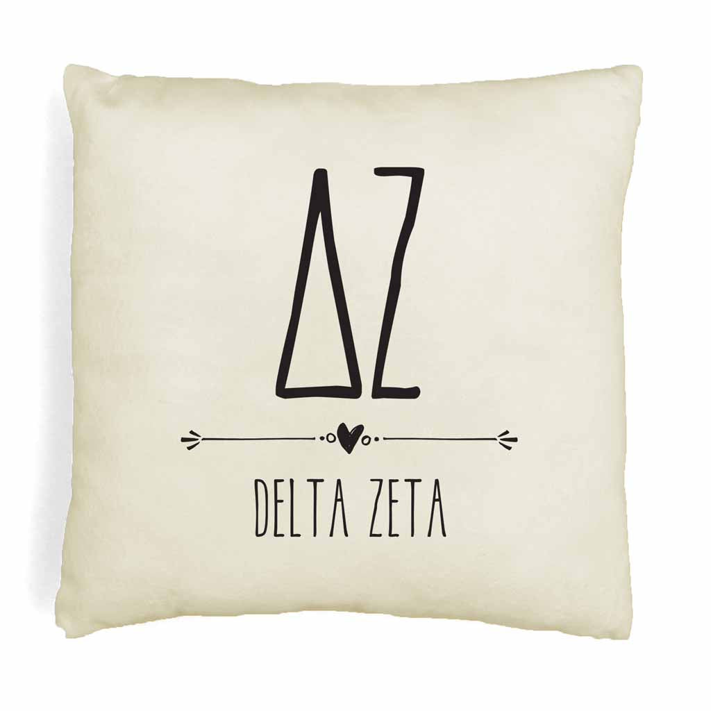 Delta Zeta sorority letters and name in boho style design custom printed on white or natural cotton throw pillow cover.