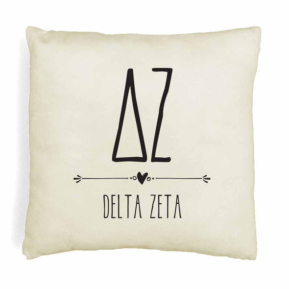 Delta Zeta sorority letters and name in boho style design custom printed on white or natural cotton throw pillow cover.
