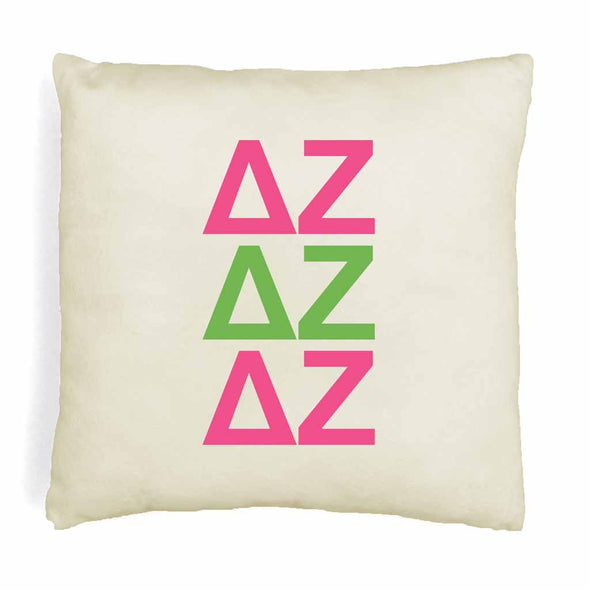 DZ sorority letters in sorority colors printed on throw pillow cover is a stylish gift.