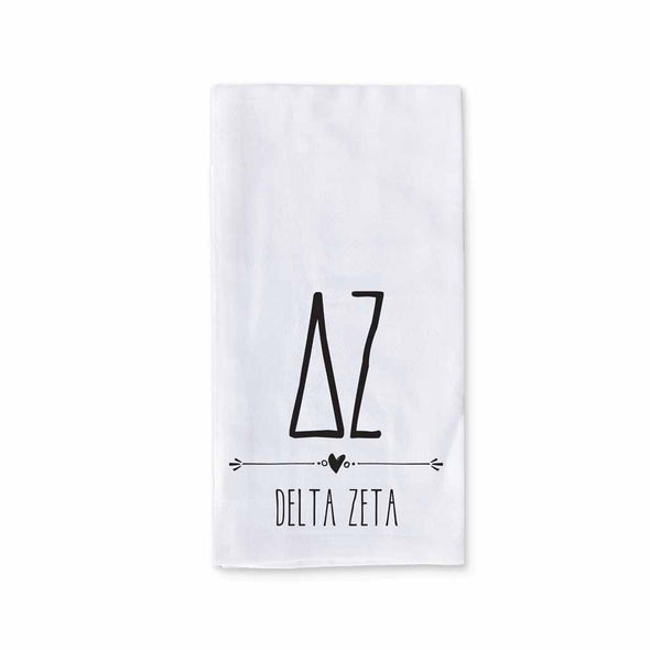 Delta Zeta sorority name and letters digitally printed on cotton dishtowel with boho style design.