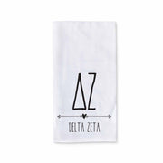 Delta Zeta sorority name and letters custom printed with boho style design on white cotton kitchen towel.
