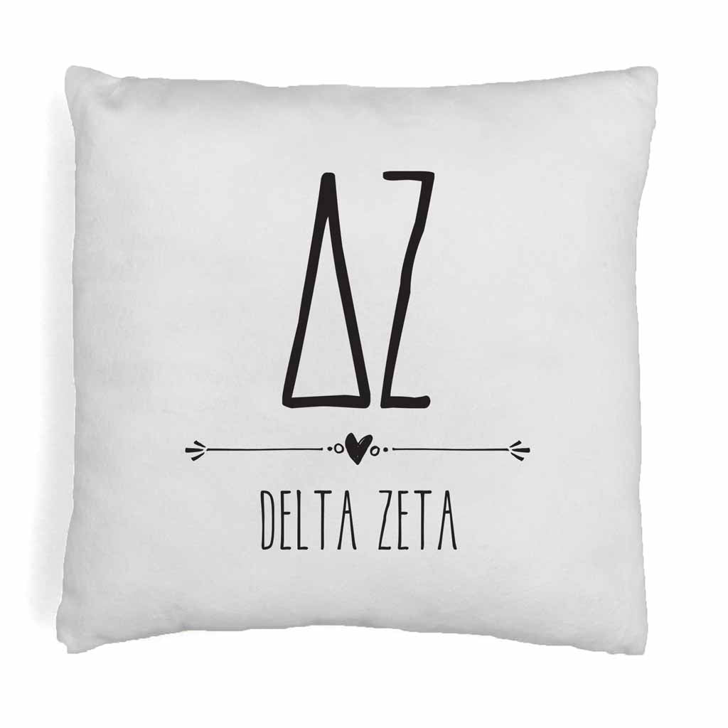 Delta Zeta sorority name and letters in boho style design digitally printed on throw pillow cover.