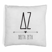 Delta Zeta sorority name and letters in boho style design digitally printed on throw pillow cover.