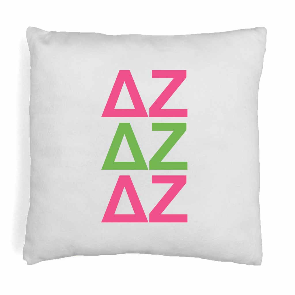 Delta Zeta sorority letters digitally printed in sorority colors on throw pillow cover.