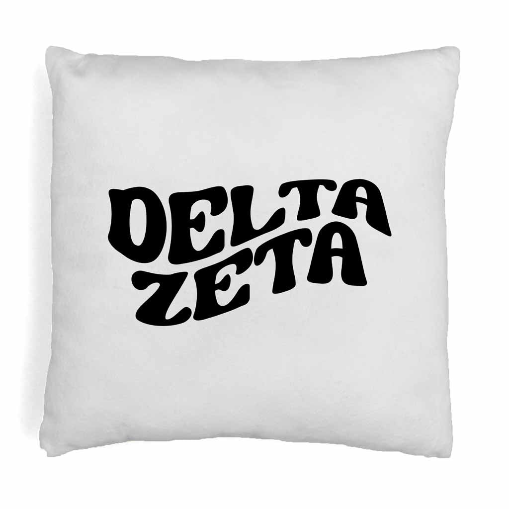 Delta Zeta sorority name in mod style design digitally printed on throw pillow cover.
