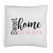 Delta Zeta sorority name in sweet home design digitally printed on throw pillow cover.