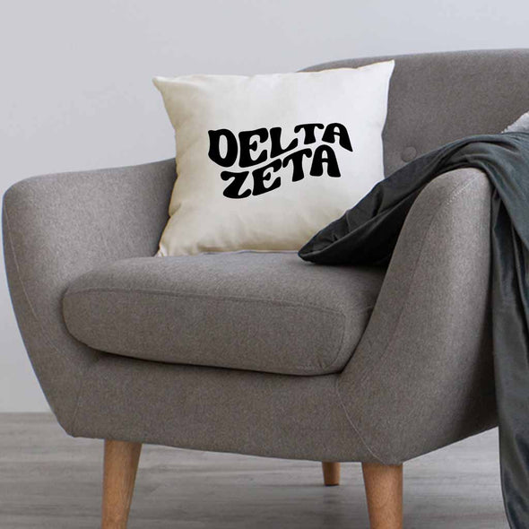 DZ sorority name in mod style design custom printed on white or natural cotton throw pillow cover.