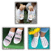 Tri Delta sorority no show socks with the sorority Greek letters printed on the cotton socks