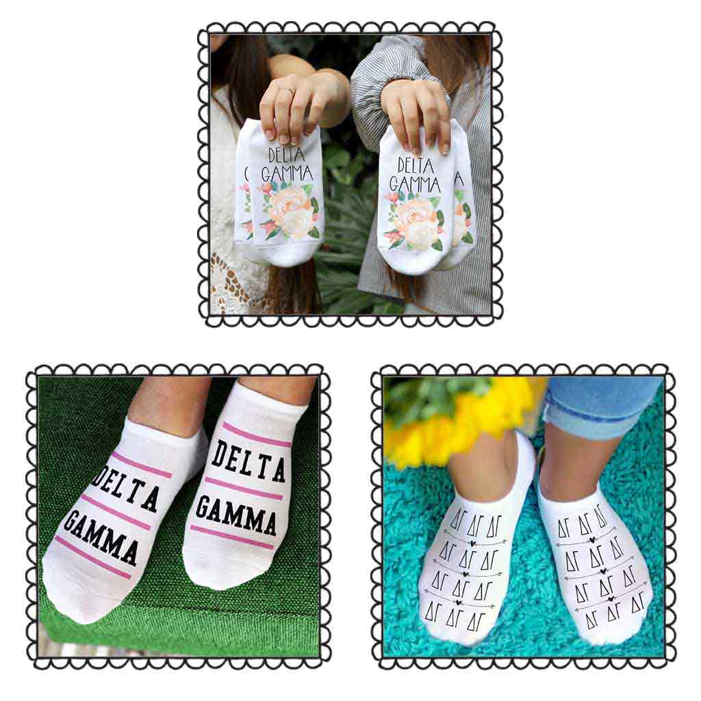 DG sorority no show footie socks with sorority name, Greek letters and sorority floral design sold as a 3 pair gift set