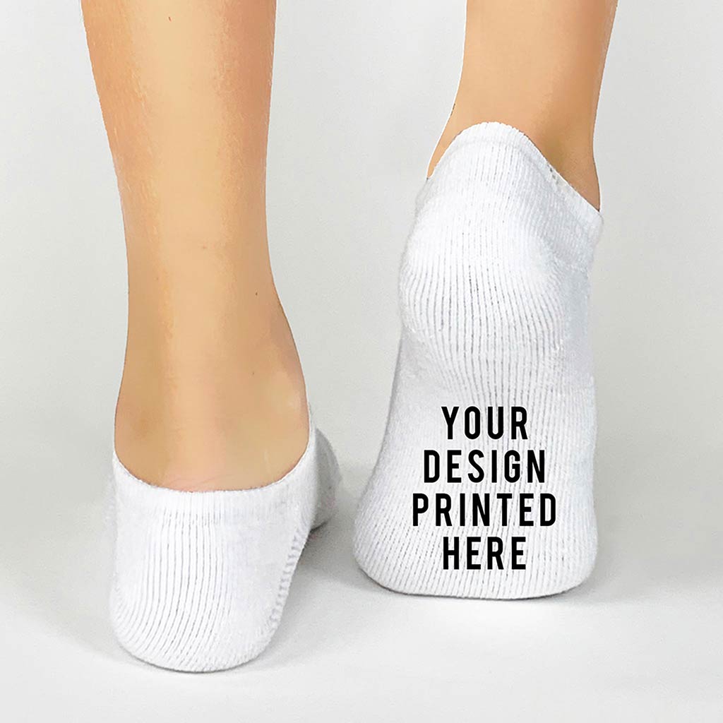 Design your own custom printed on the bottom of the sole of white cotton no show socks available in small, medium, and large.