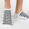 Design your own personalized and printed in a full print design on white cotton no show socks.
