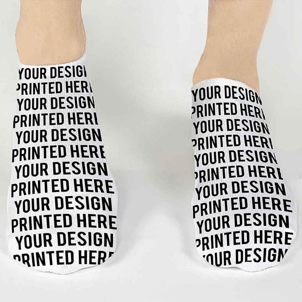 Design your own custom printed in a full print design white cotton no show socks.