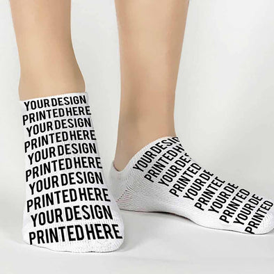 Design your own personalized full print design on white cotton no show socks.