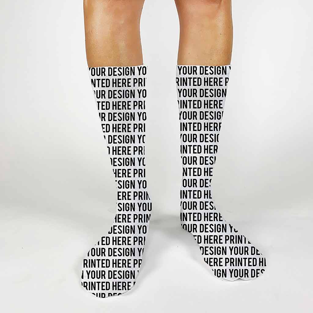 White crew socks featuring all-over custom printing—ideal for adding personalized images, patterns, or logos for standout gifts, events, or promotions
