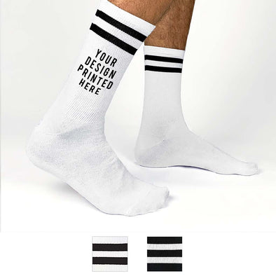 Design your own personalized custom printed on large crew socks available in black or white.