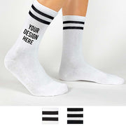 Design your own personalized custom printed on white cotton medium black striped cotton crew socks.