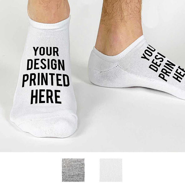 Design you own custom printed white cotton no show socks size large.