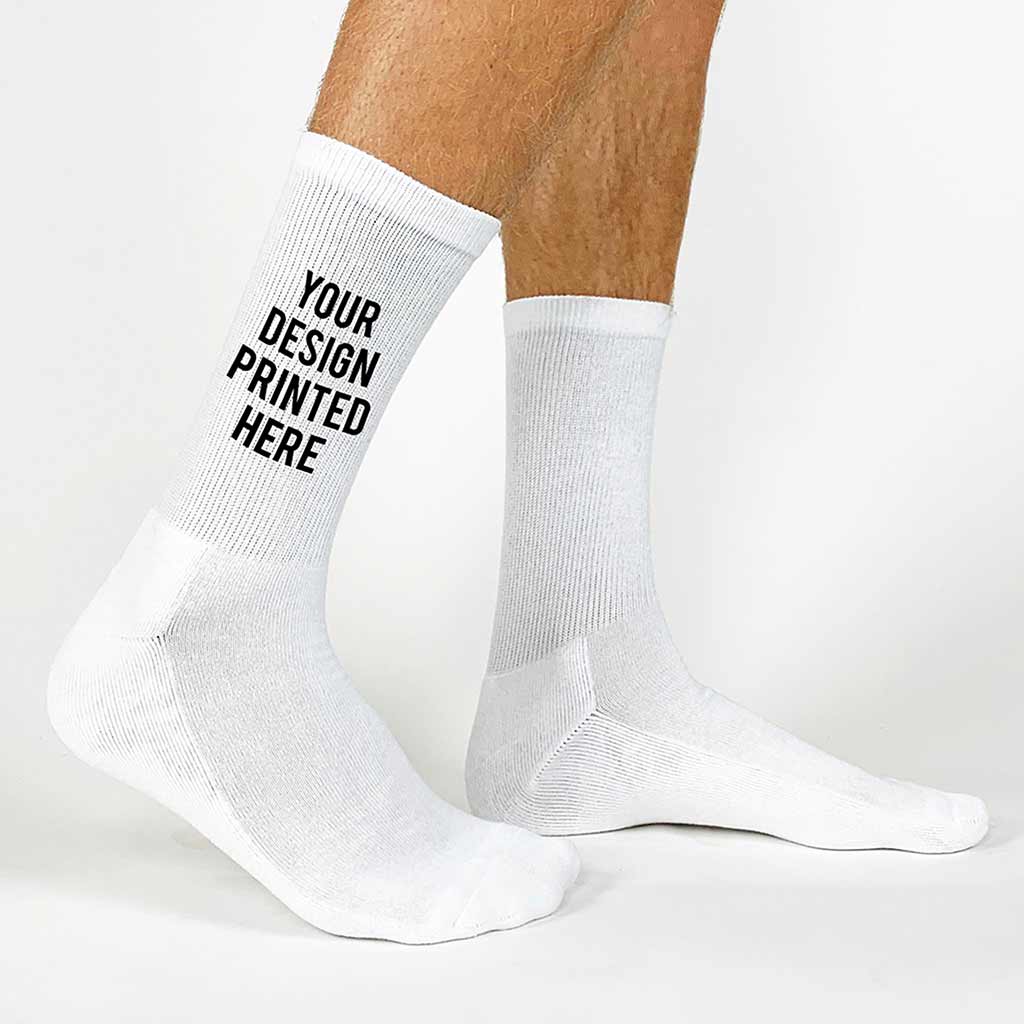 Design your own with text, photos, logos, make your own digitally printed extra large white cotton crew socks.