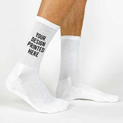 Design your own with text, photos, logos, make your own digitally printed extra large white cotton crew socks.