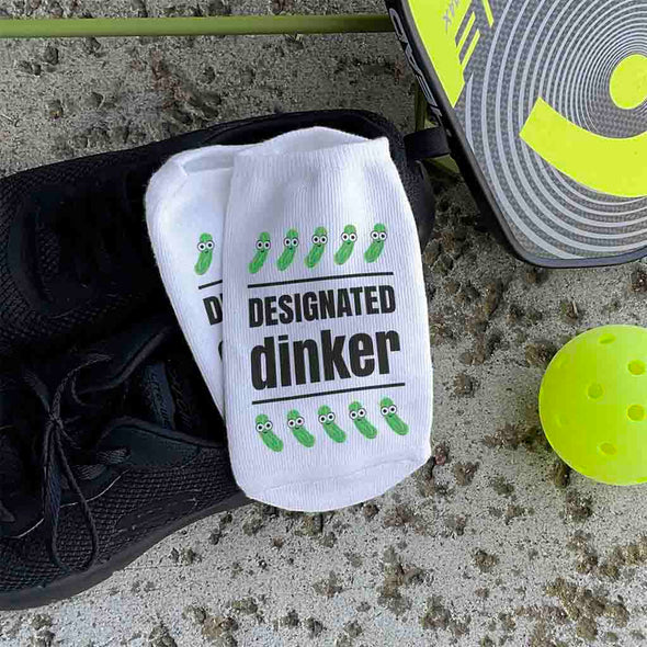 Designated dinker digitally printed on the top of the white cotton no show socks custom designed by sockprints.
