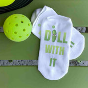 Dill with it digitally printed on the top of the white cotton no show socks custom designed by sockprints.