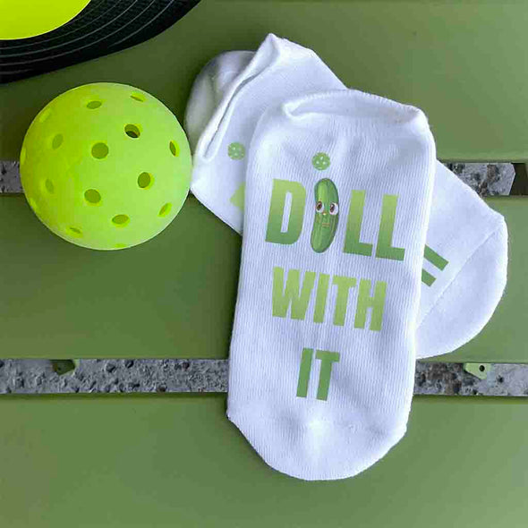 Dill with it digitally printed on white no show socks.