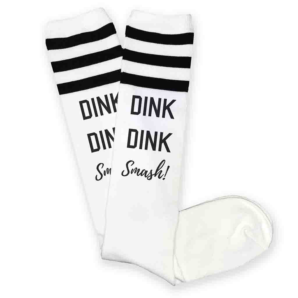 Dink Dink smash pickleball design by sockprints digitally printed on striped knee high socks.