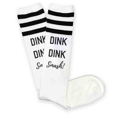 Dink Dink smash pickleball design by sockprints digitally printed on striped knee high socks.