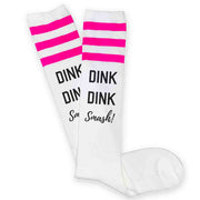 Super cute pickleball socks with custom design dink dink smash by sockprints digitally printed on knee high socks.